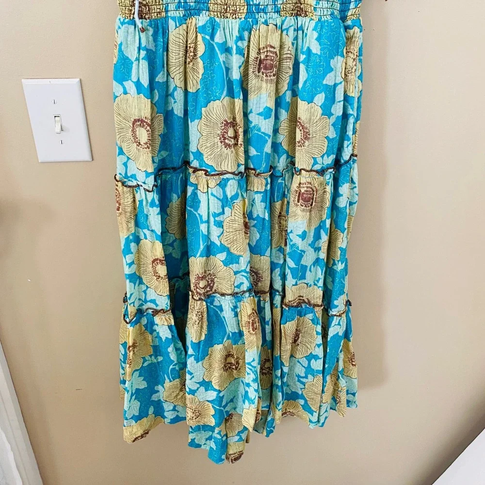 Free People NWT‎ Adriel Tie Strap Tiered Hawaiian Ocean Combo Midi Dress Size M